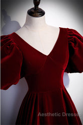 Wine Red Velvet Puffy Short Sleeves Party Dresses, Velvet Long Bridesmaid Dresses